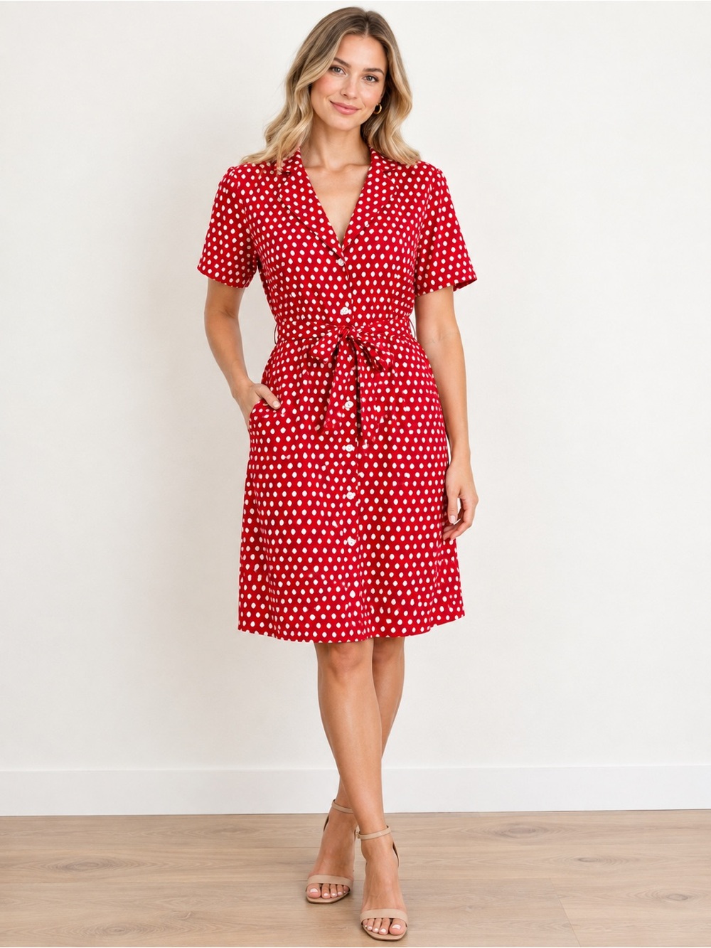 A New Day Retro Polka Dot Button Front Belted Shirt Dress Red Size L